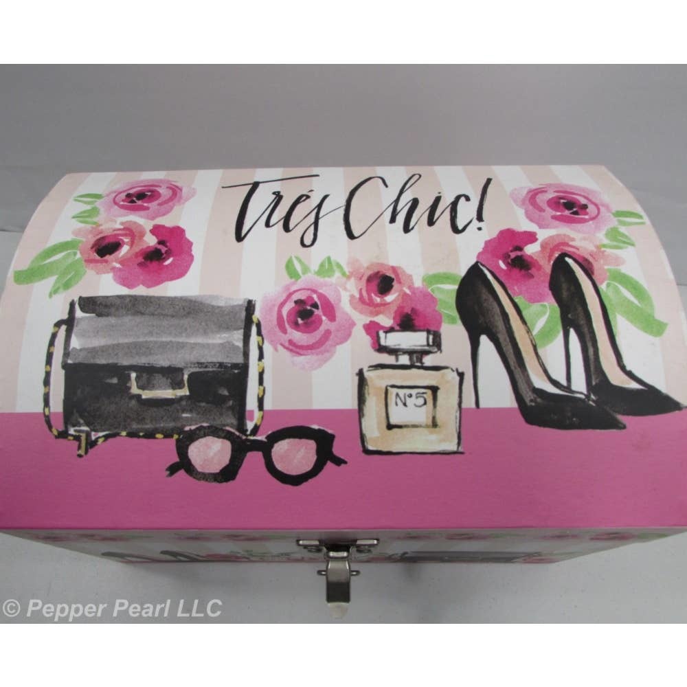Tres Chic Chest Box Latch Feminine Roses Rope Handles Pink White Gray Black - Picture 3 of 5